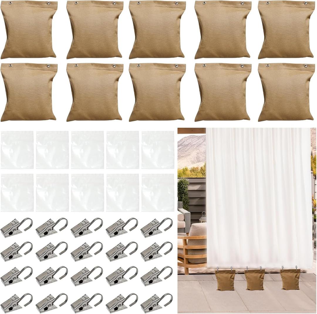 10 Pack Heavy Curtain Weights, 24oz Outdoor Curtain Weights Bag, Drapery Weighted Bottom Gazebo Weights Sandbag with Holder Clip for Heavy Wind Drapes Cabana Gazebo Pergola Garden (Khaki, 6" x 8")