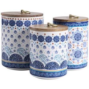 Bico Blue Talavera Ceramic Canister Set of 3 for Kitchen Counter, 62oz, 40oz, 32oz each, with Wooden Air Tight Lid, Food Storage Jar for storing Coffee, Tea, Spice, Dishwasher Safe