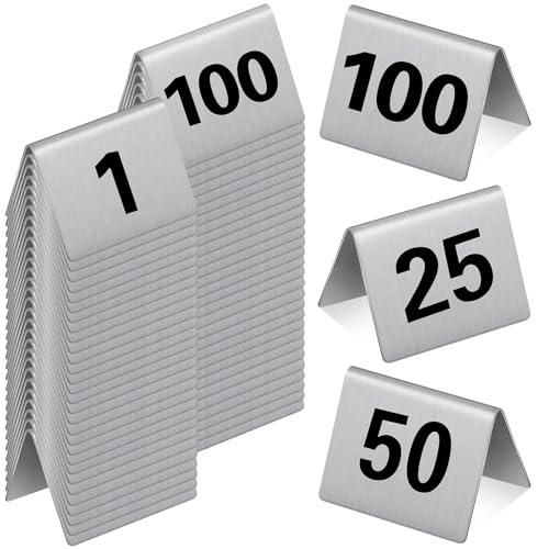 Wenqik 100 Pack Stainless Steel Table Numbers 76-100, 2 x 1.6 Inch Double Sided Tent Style Number Signs Tabletop Display Cards for Wedding Reception, Restaurant, Party, Cafe and Event Seating