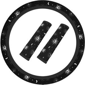 Star Moon Steering Wheel Cover Elastic Non-Slip Car Steering Wheel Covers with Seat Belt Shoulder Pad for Women Men