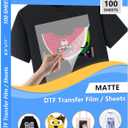 100 Sheets DTF Transfer Film Paper 8.5x11 Inch Double Sided Thick Clear Pretreat Sheets, PET Heat Transfer Paper for Inkjet Printer DTG Printer Direct Print On T Shirts Textile (Hot&Cold Peel)