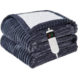 Heated Blanket Electric Throw, Soft Flannel Heating Blanket with 8 Hours Auto Off 10 Fast Heating Levels Machine Washable Sherpa Heated Blanket with Overheating Protection (Throw (50" x 60"), Light Gray)
