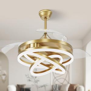 FIDGRA 42 Inch Retractable Ceiling Fan, Chandelier Ceiling Fans with Lights, Silent DC Motor, 6 Speeds, 3 Color Changing for Bedroom Living Room (Gold)