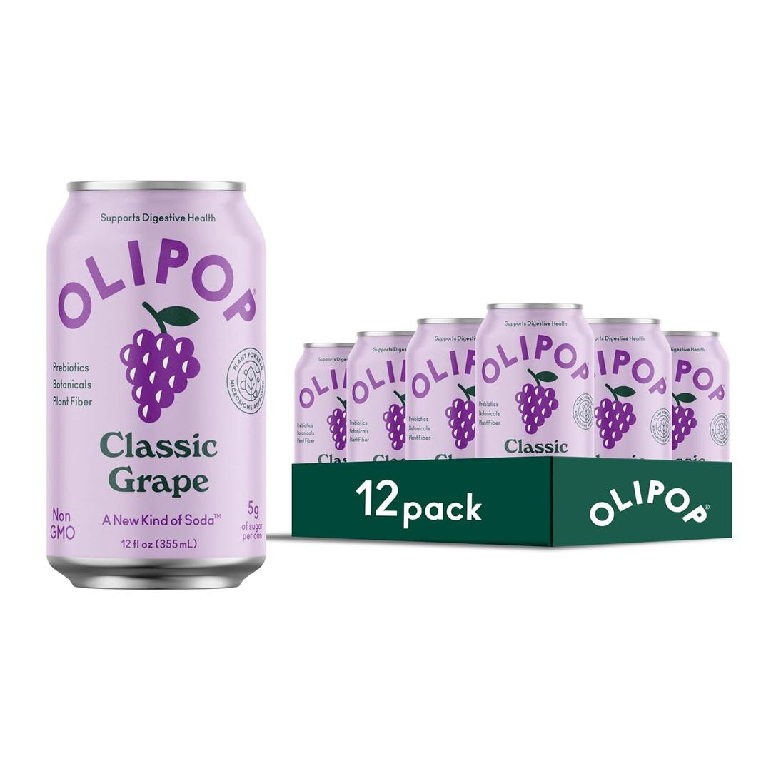 OLIPOP Prebiotic Soda Pop, Classic Grape, Pantry Pack Packed with Prebiotics, Fiber, and Botanicals, Gluten Free, Vegan, GMO Free, 12oz (12-Cans) (EXP 11/04/26)
