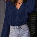 MEROKEETY Womens Spring Summer Long Sleeve Ruffle Blouse 2026 Dressy Casual Top V Neck Trendy Work Business Work Shirts, Navy, Medium (Blue, M)