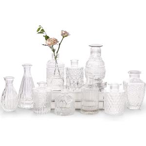 Glass Bud Vase Set of 6 - Small Vases for Flowers, Clear Bud Vases in Bulk, Cute Glass Vases for Centerpieces, Mini Vintage Vase for Rustic Wedding Decorations, Home Table Flower Decor