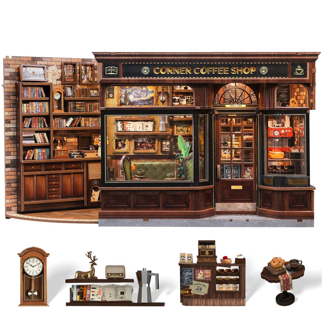 CUTEBEE Book Nook Kit  DIY Miniature House Coffee Shop Dollhouse Kit for Adults, Booknook Tiny House Bookshelf Decor 3D Wooden Puzzle, Gifts for Family, Friends (Corner Coffee Shop)