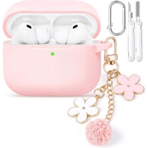 Wowwat for AirPods Pro 3 Case Cover 2025, Soft Pink Silicone Protective Shell Compatible with Apple AirPods Pro 3 Generation Case for Women Girly with Flower Chain, Keychain & Cleaner Kit-Pink