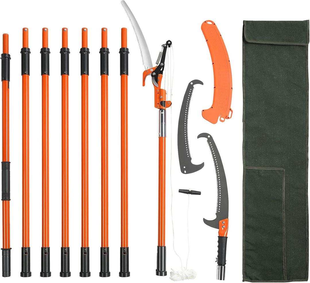VEVOR Manual Pole Saw, 7.3-27 ft Extendable Tree Pruner, Sharp Steel Blade and Scissors High Branches Trimming, Branch Trimmer with Lightweight 8 Fiberglass Handles, for Pruning Palms and Shrubs