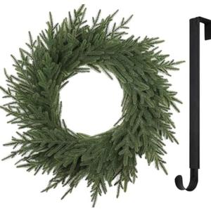 YUGALI 25” Norfolk Christmas Wreath with Lights Hanger for Front Door Artificial Real Touch Pine Greenery Branches Winter Outdoor Décor Indoor Wall Decorations