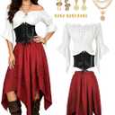 Pirate Costume Women Renaissance Medieval Outfit Skirt Top Pirate Accessories Halloween Cosplay Party Outfit, Medium, Red