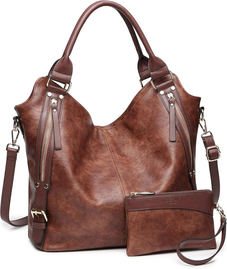 Women Tote Bag Handbags PU Leather Fashion Hobo Shoulder Bags with Adjustable Shoulder Strap (Large, Brown)