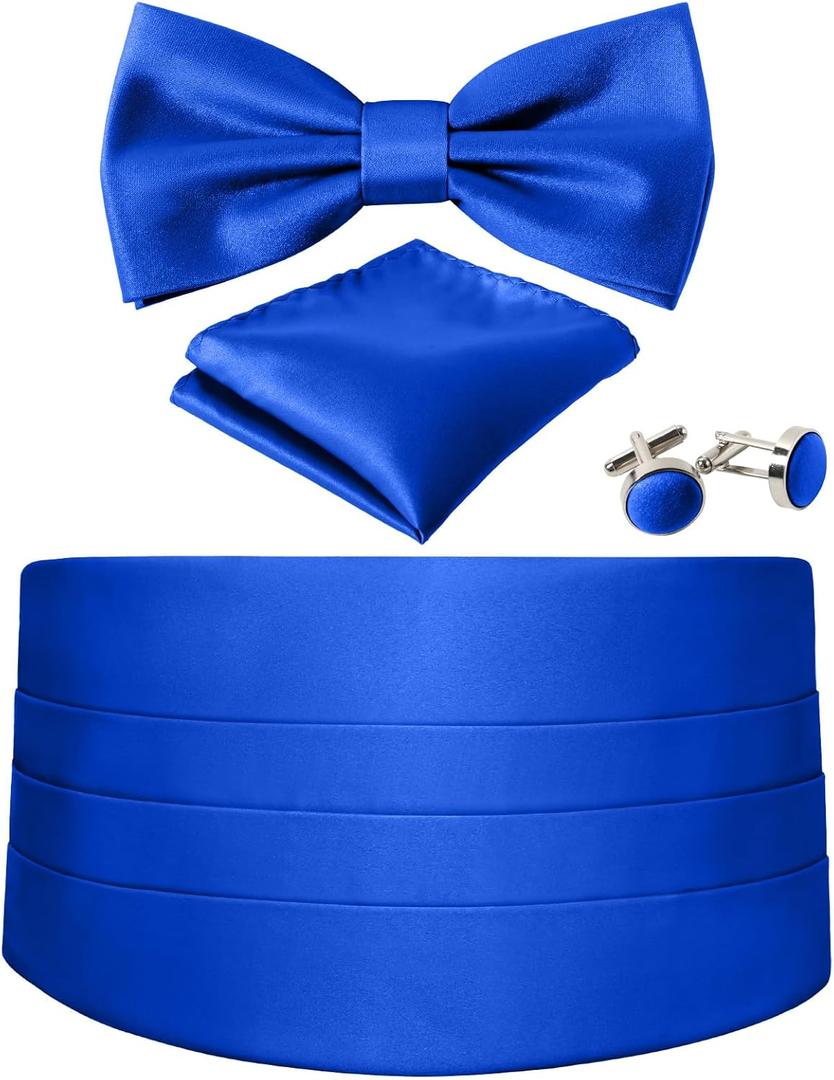 Cummerbund and Bow Tie Set Solid Color Adjustable Formal Men's Black Cumberbund Bowtie Cufflinks Set & Pocket Squares (Blue)