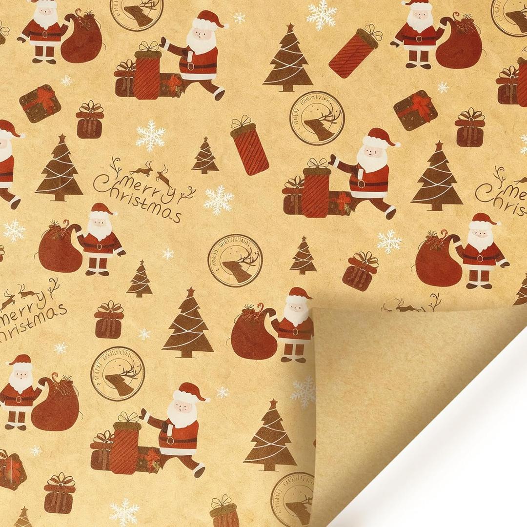 Christmas Wrapping Paper 5 Sheets - 19.7x29.9 Inch Kraft Gift Wrap with Santa, Tree, Snowflakes for Holiday Gifts & Xmas Decor