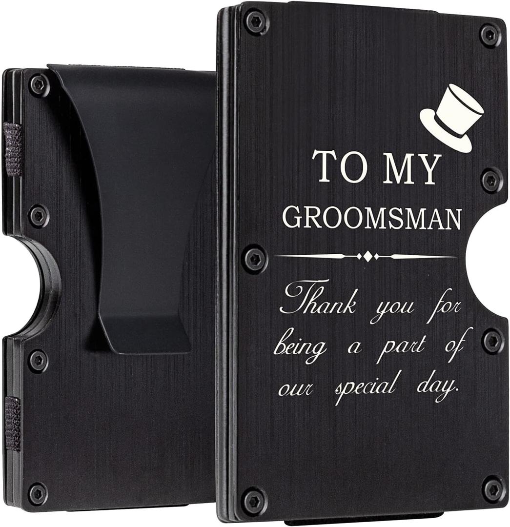 Awofer Aluminum Wallet for Groomsmen - Personalized Custom with Money Clip & Engraved Credit Card Holder - Black