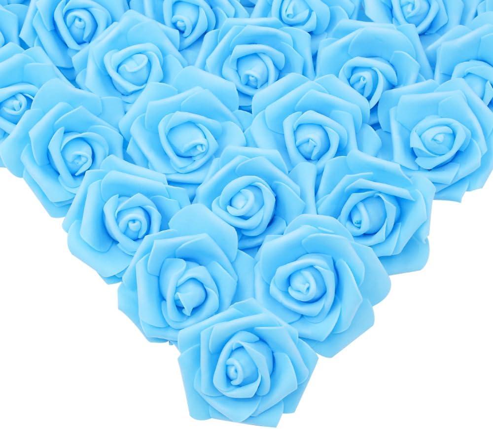 IPOPU Artificial Rose Flower Heads, 100 Pcs Real Looking Sky Blue Foam Fake Roses for DIY Wedding Baby Shower Centerpieces Arrangements Party Tables Home Decorations (Sky Blue, Stemless)