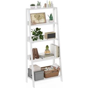 Furinno Ladder Book Shelf, 5-Tier Ladder Shelf, Bookshelf, Display Storage Shelves, 13 x 23.6 x 53.5, for Living Room, Home Office, Plain White