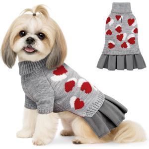WOYYHO Dog Sweater Dress for Small Dogs Girl Turtleneck Pleated Skirt Dog Sweaters Dress with Leash Hole Warm Knitted Puppy Sweater Pet Dogs Winter Clothes for Yorkies Chihuahua (M, Gray Dress) (Medium (9-15lbs))