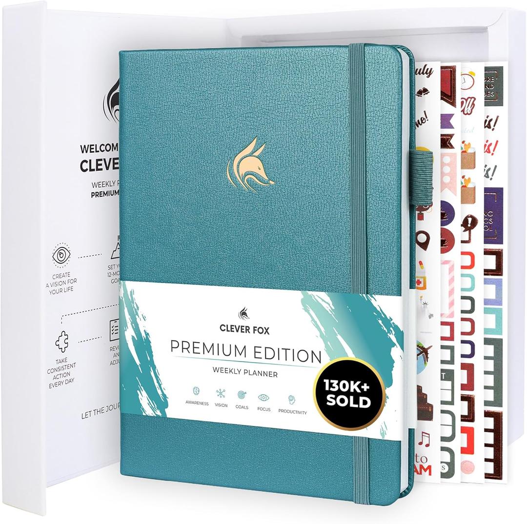 Clever Fox Planner Premium Edition  Undated Luxurious Weekly & Monthly Planner to Increase Productivity and Hit Your Goals  Organizer  Start Anytime, A5, Lasts 1 Year, Aquamarine (Weekly)