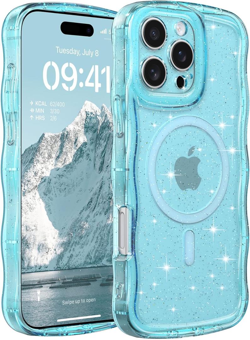 FABSPARK Case for iPhone 16 Pro Max,Compatible with MagSafe,Magnetic Clear Curly Wavy Frame Wave Case with Sparkly Bling Glitter,Transparent Acrylic Hard PC for iPhone 16 Pro Max,Glitter Clear Blue