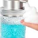 Glass Foam Soap Dispenser, 8 Oz Face Wash Dispenser for Bathroom, Vintage Glass Clear Foaming Hand Soap Dispenser, Small Refillable Lotion Dish Dispenser for Kitchen, Matte Silver Pump
