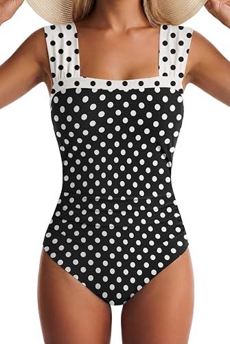 One Piece Swimsuit for Women Tummy Control Bathing Suits Full Coverage Wide Straps Swim Suit Color Block Swimwear, Large