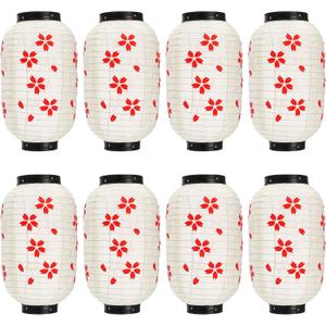 8 Pack Traditional Japanese Style Lantern, 14" x 8" Beige Cherry Blossom Lanterns, Waterproof Outdoor Festival Lantern with Hook, Decorative Hanging Lamp for Wedding Party Garden Restaurant