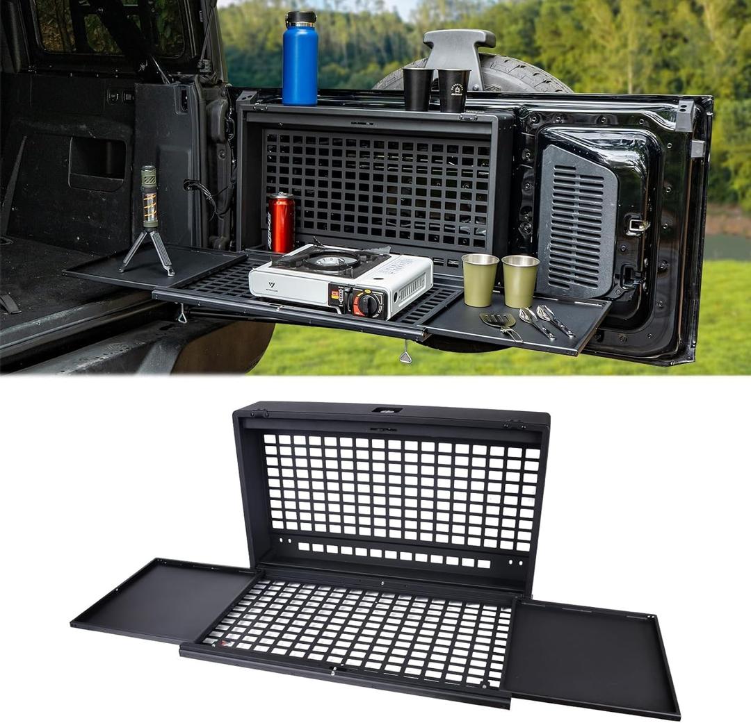 MAIKER Lockable Tailgate Table Compatible with Ford Bronco 20212025 4 Doors Foldable MOLLE Storage Box, Camping Desk & Rear Cargo Shelf (Not for Bronco Sport)