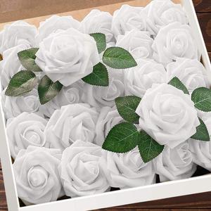 Artificial Flowers 25pcs Real Looking Fake Roses with Stems for DIY Wedding Bouquets Baby Shower Centerpieces Floral Arrangements Party Tables Home Decorations (White)