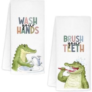 Alligator Bathroom Hand Towels, Crocodile Bathroom Decor, Alligator Lover Gifts Decorative Hand Towels for Kids Bathrooms, Funny Coastal Beach Kitchen Towels, 16x24 Inch Set of 2