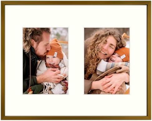 Frametory - 11x14 Aluminum Collage Picture Frame - Display 5x7 Pictures with 2 Openings Mat - Real Glass Front - Horizontal/Vertical Wall Mount - Bronze 1 Pack
