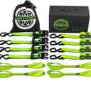 Motorcycle Tie Down Strap (4PK) - 2,100lb Break Strength Premium 15ft Ratchet Tie Down Straps Set, Soft Loop Ratchet Straps for Moving Appliances, Lawn Equipment, Cargo Straps for Trucks (Green)