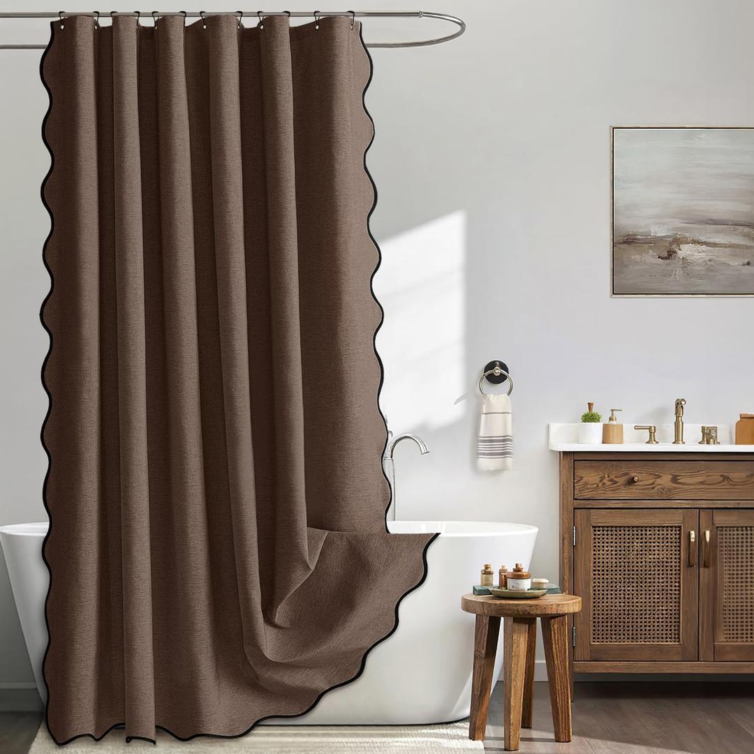 MIULEE 84" Long Scalloped Shower Curtain Linen Textured with 12 Metal Hooks Cute Extra Long Heavy Duty Washable Waterproof Cloth Shower Curtains with Black Border for Bathroom Hotel Bathtub,Brown