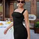 Women's Elegant Sleeveless Square Neck Bodycon Ruched Long Evening Party Dress (Black)