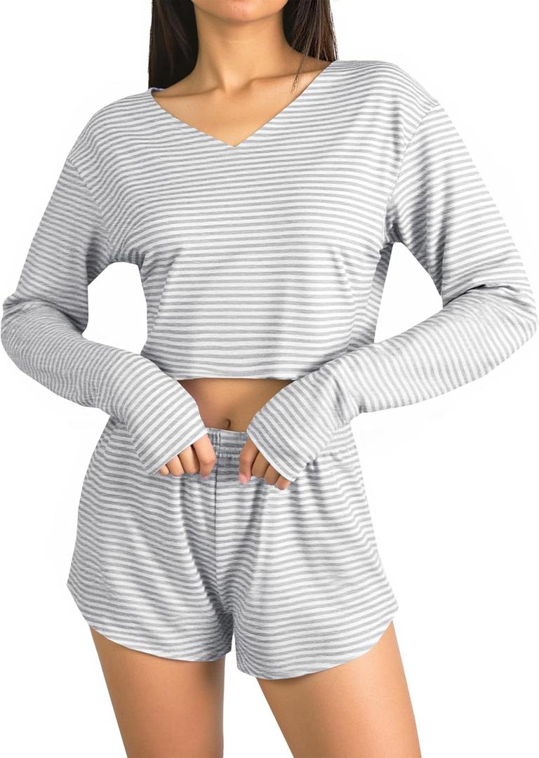 Remidoo Women's Off the Shoulder 2 Piece Outfits Long Sleeve Crop Top and Shorts Set Sweatsuit Grey X-Large
