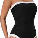 SUUKSESS Women One Piece Tummy Control Swimsuit Strapless Bandeau Bathing Suit (Black, XL)
