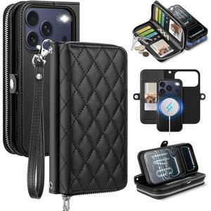 OCASE for iPhone 17 Pro Max Crossbody Detachable Wallet Case, PU Leather Handbag Phone Purse with Zipper Closure, Card Slots & RFID Blocking, Wrist Strap, Lanyard, Kickstand, Diamond Check Black