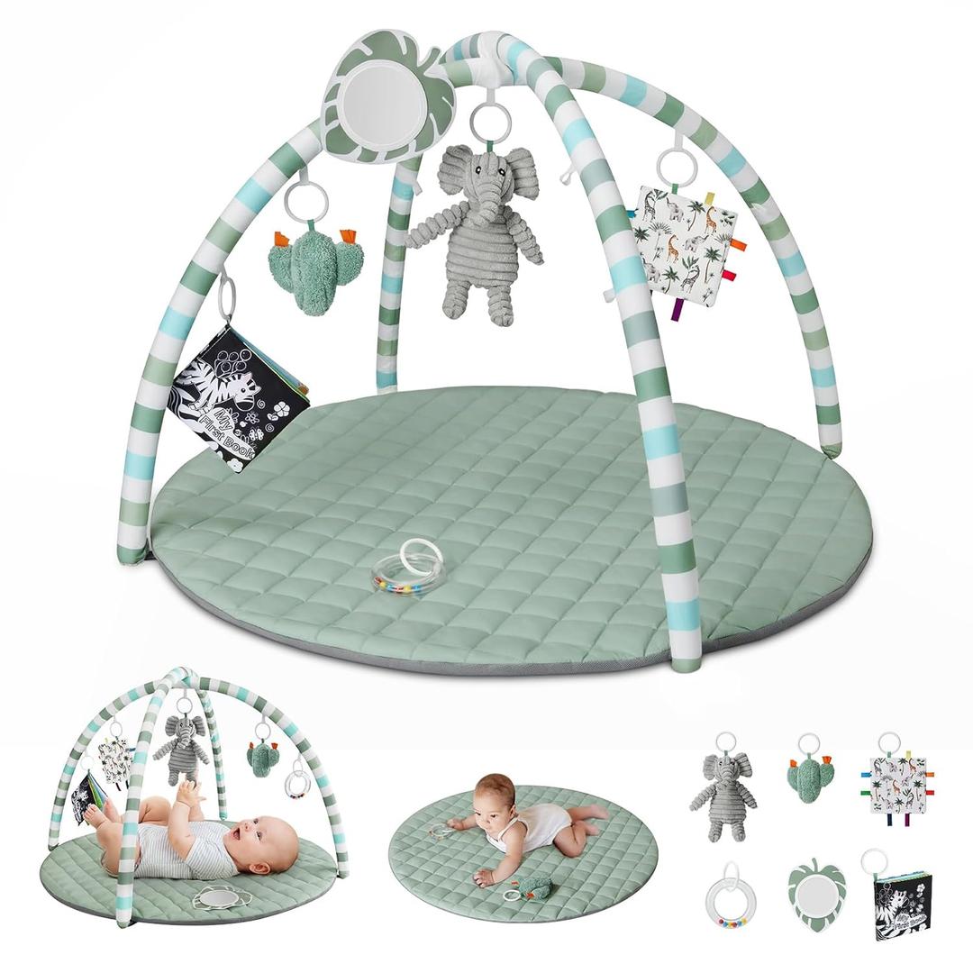 Blissful Diary Baby Play Gym Mat, Play Mat Activity Mat with 6 Detachable Toys for Stage-Based Sensory & Motor Skill Development, Easy to Install & Clean, Baby Essentials Gift, Sage Green