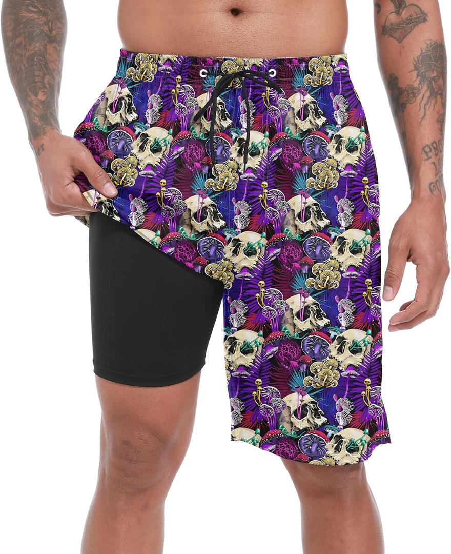 Mens Swim Trunks with Compression Liner, Magic Mushrooms Skulls Men Bathing Suit Swimming Trunks 9 inch inseam Board Shorts Men's Swimwear, 4 Way Stretch Beach Shorts Quick Dry Swimsuits (M)