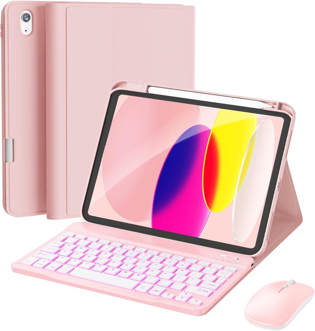 RAYMCRAFT for iPad 11th (A16, 2025) / 10th Generation Case with Keyboard, Mouse and Detachable Wireless Keyboard, 7-Color Backlight, Slim Case with Pencil Holder, Light Pink