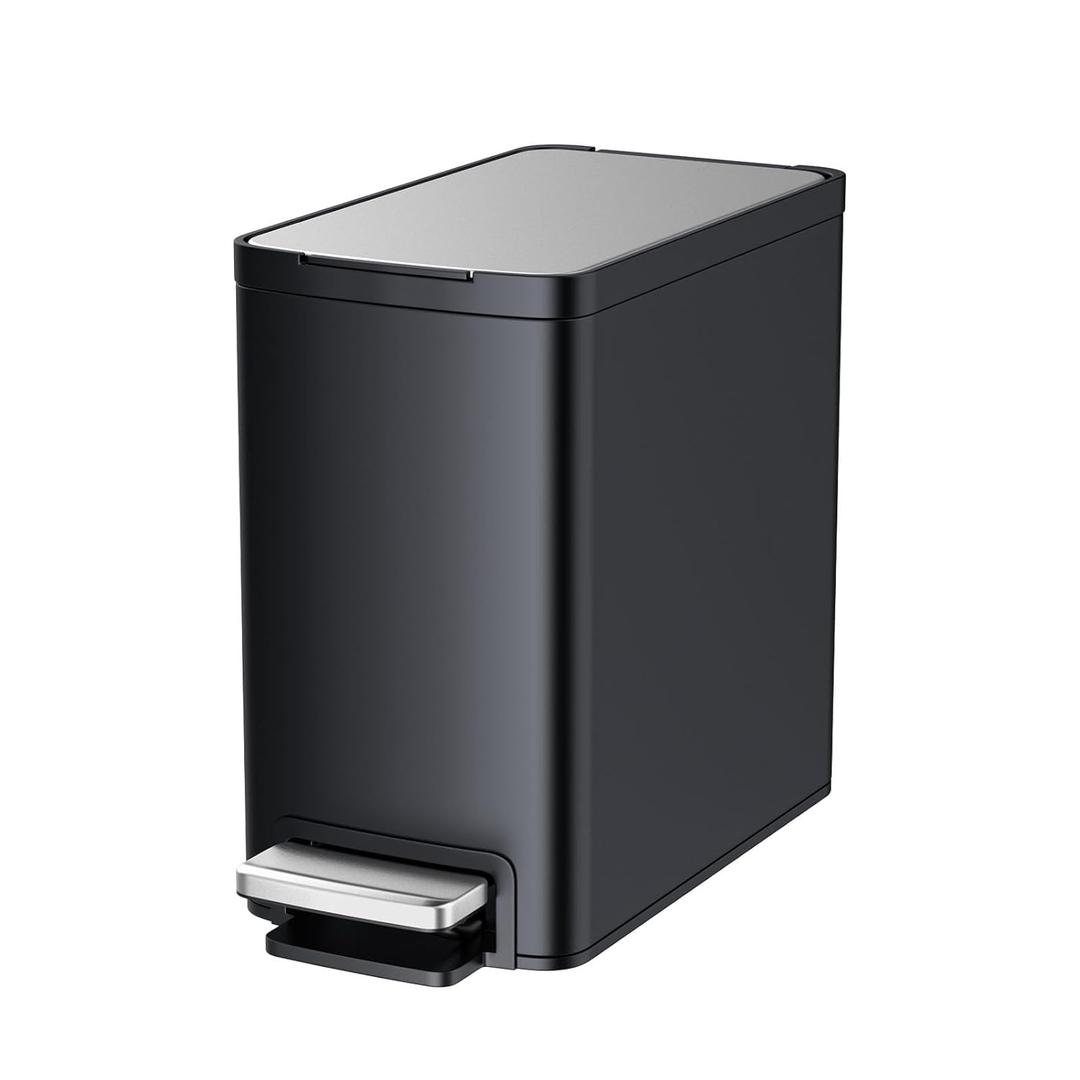 Bathroom Trash can with Lid,8 Liter/2.1 Gal Small Compact Trash Bin with Removable Inner Bucket,Stainless Steel Garbage Can for Bathroom,Bedroom,Office,Black