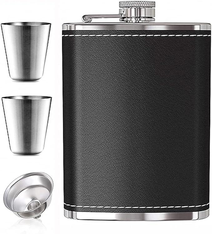 Hip Flask for Liquor Black Leather Flask 8 Oz 18/8 Stainless Steel Soft Touch Leather Wrap Flask Gift Set with 2 Cups & Funnel 100% Leak Proof Whiskey & Rum & Vodka Flasks for Men Women (Lain Weave)