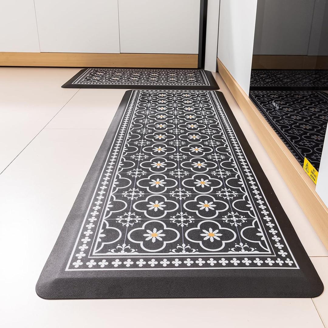 Kitchen Mat, [2 PCS] Kitchen Rugs, Cushioned Anti-Fatigue Non-Skid Waterproof Rugs, Ergonomic Comfort Standing Mat for Kitchen, Floor, Sink, Laundry, (Black) (17.3 x 47 "+ 17.3 x 29 "--0.47inch)