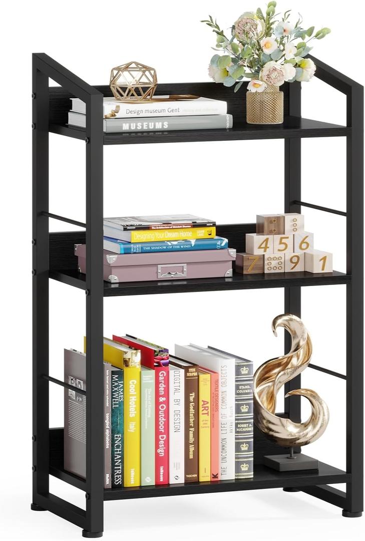 Hosfais Book Shelf Small Bookshelf: 3-Tier Wood Bookcase Industrial Bookshelf with Edge Protection Metal Narrow Bookcase Storage Organizer Display Rack for Bedroom Home Office (Modern Black)