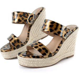 VARECOLA Women Slip On Espadrille Platform Wedge Sandals Slide Open Toe Clear High Heel Sandals (8, Leopard Print)