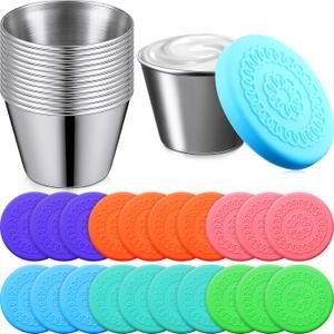 20 Pack Compact Stainless Steel Dipping Cups with Lid, 2.5 oz Food Storage Containers with Leakproof Silicone Lid