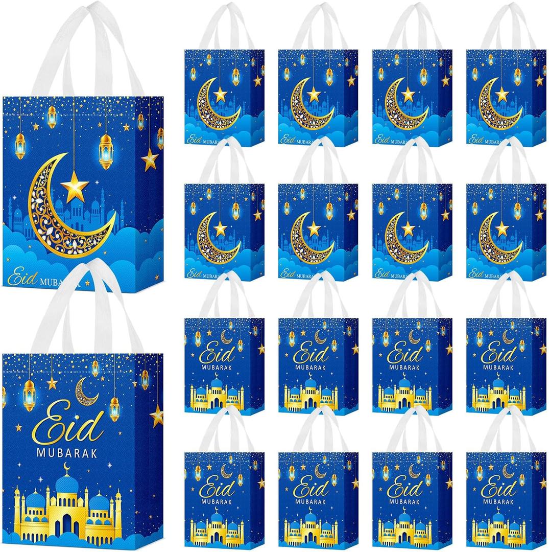 Locmeo 24 Pcs Eid Mubarak Reusable Gift Bags with Handles Non Woven Al Fitr Muslim Treat Bags Multifunctional Ramadan Mubarak Gift Bag for Party Supplies Gifts Wrapping(Royal Blue)