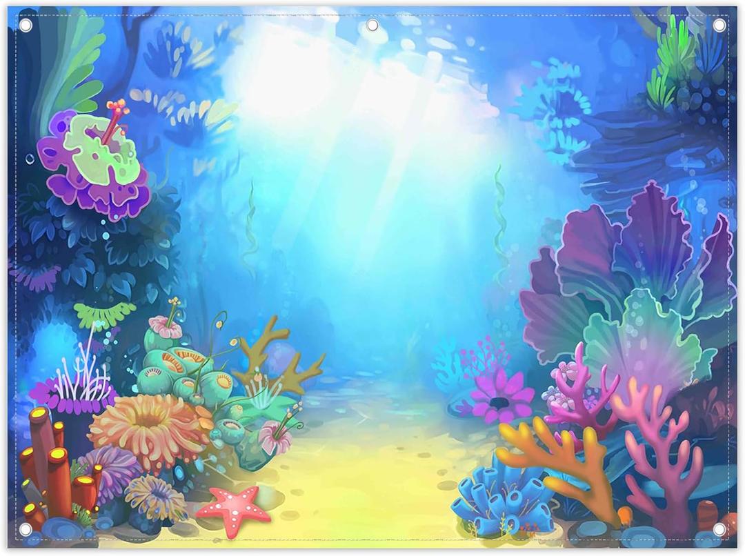 8x6ft Fabric Summer Under The Sea Photography Backdrop Little Mermaid Princess Girl Background Birthday Party Ocean Baby Shower Decorations Photo Banner Props