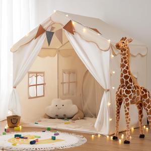 Besrey Kids Play Tent 2 in 1 with Padded Mat and Lights, Large Kids Playhouse with 2 Doors & 4 Windows, Indoor & Outdoor, Toddler Tent for Kids Indoor, 51" x35" x 51"
