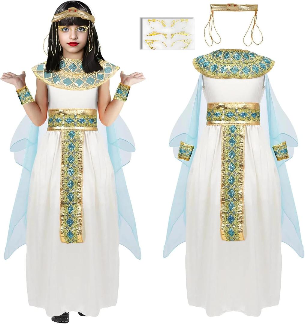 Cleopatra Costume for Kids Egyptian Costume Girls Dress Accessories Egypt Queen Outfits for Halloween Cosplay (Medium, Blue)